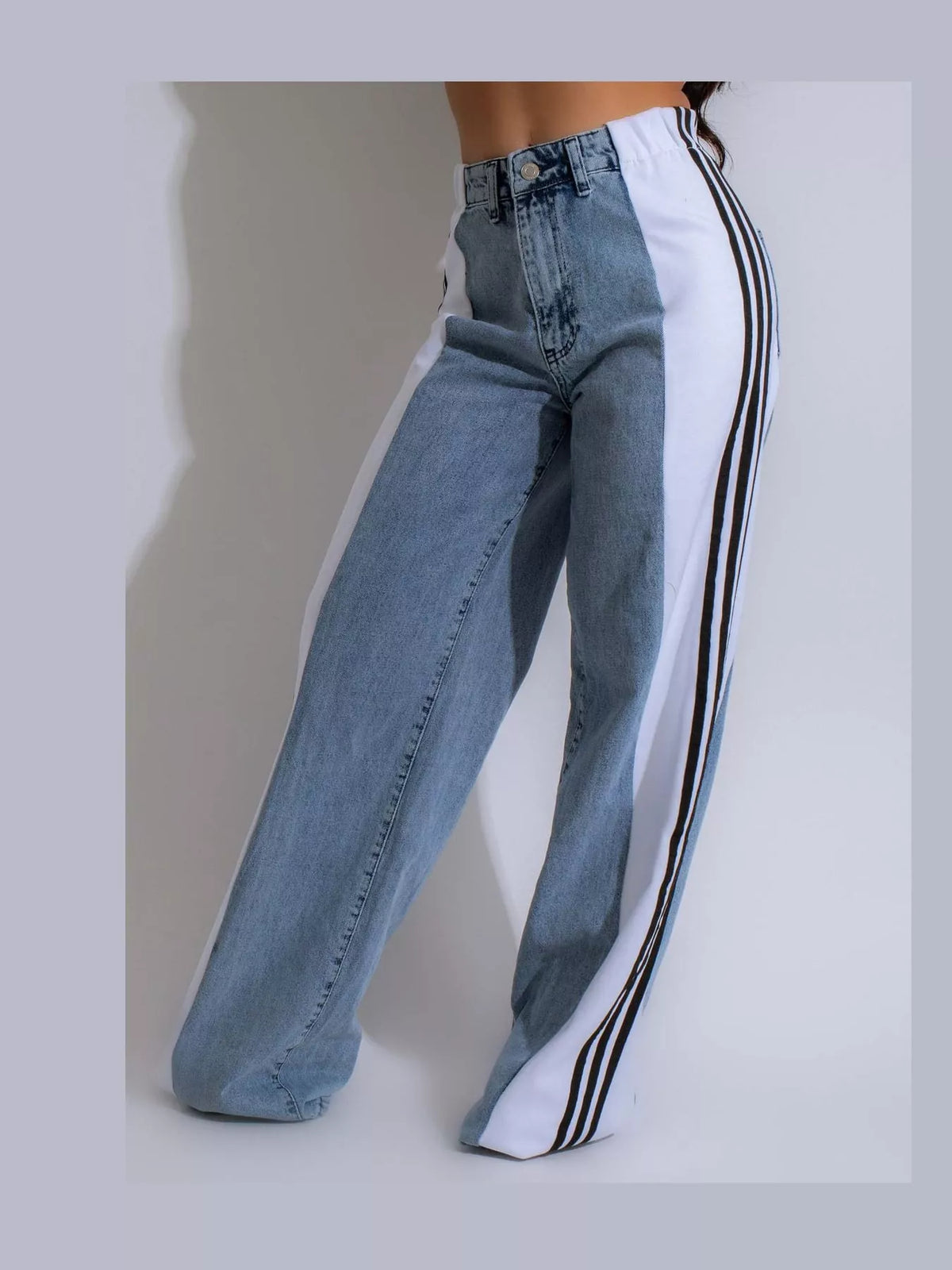 White high-waisted wide-leg jeans with side stripe detail