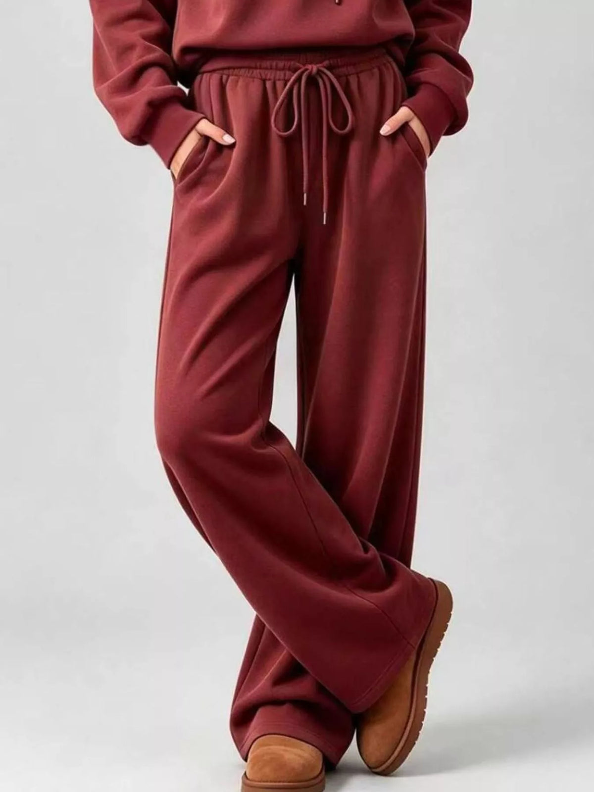 Burgundy dropped shoulder hoodie and wide-leg pants set