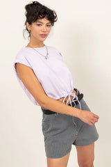 Trendsi Women’s Sleeveless Crop Top With Drawstring Hem Crew Neck Cotton - Pants
