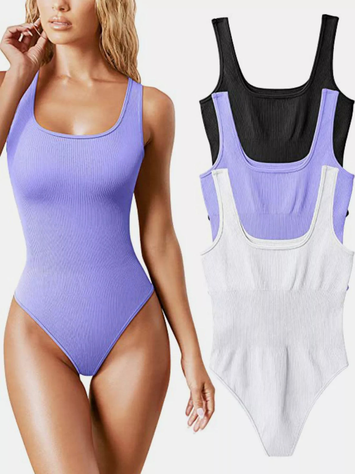 Ribbed bodysuit, purple front with color options