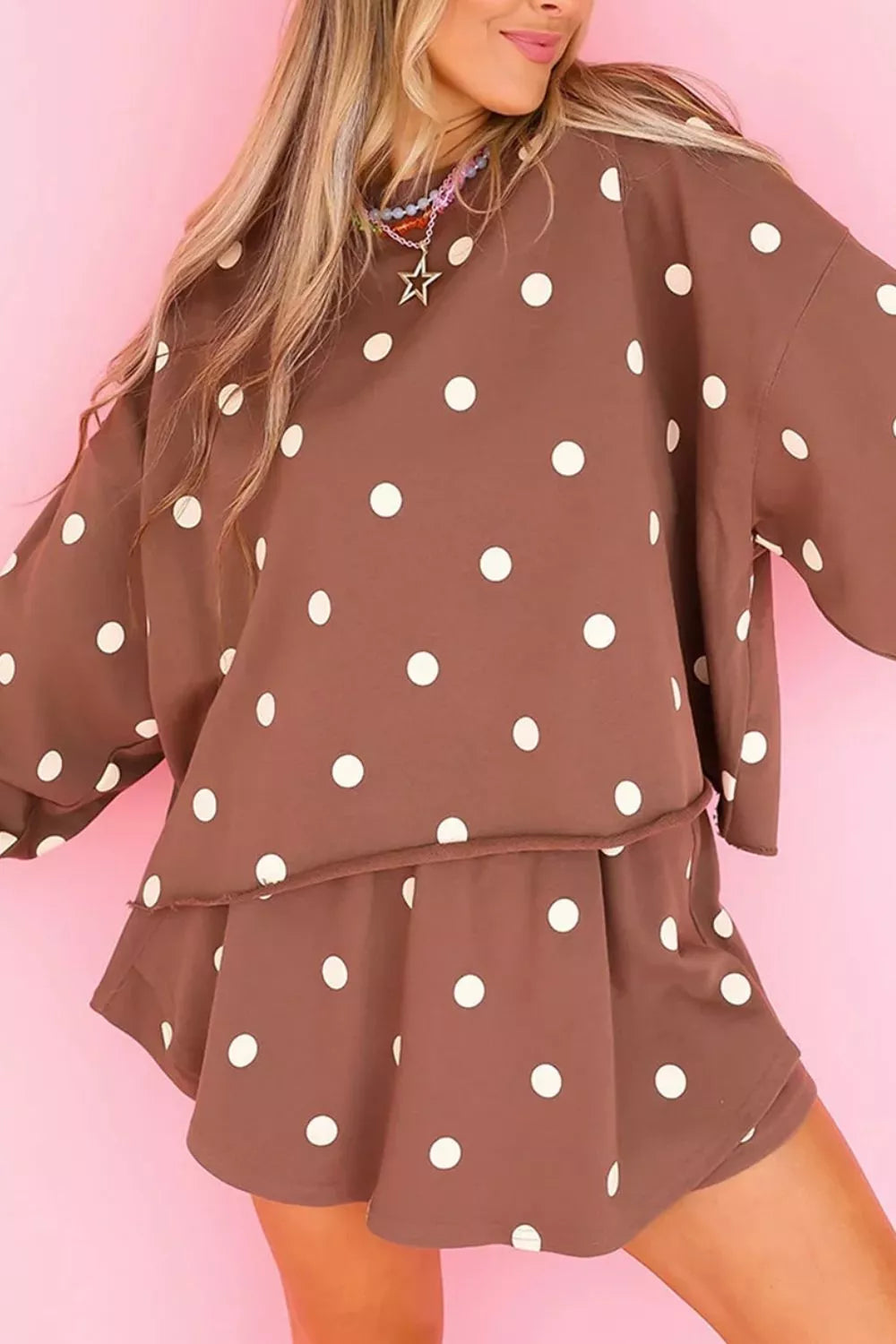 Trendsi Polka Dot Raw Hem Relaxed Pullover Loose Skort Two Piece Set -
