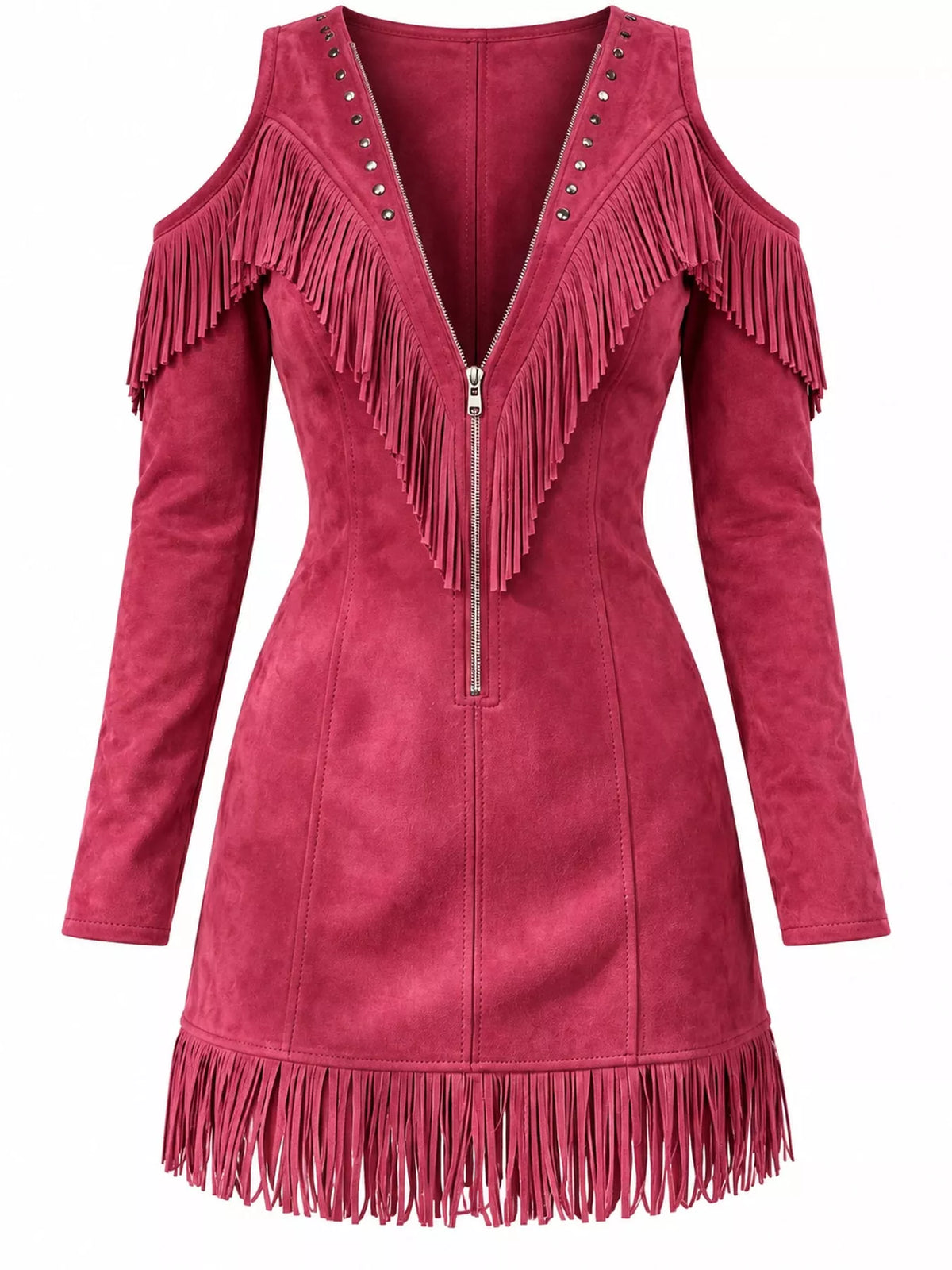 Fringed cold-shoulder dress, pink fringe and zip front