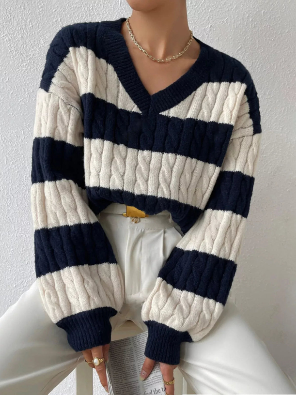Women's V-Neck Striped Cable Knit Sweater in Navy Blue, front view
