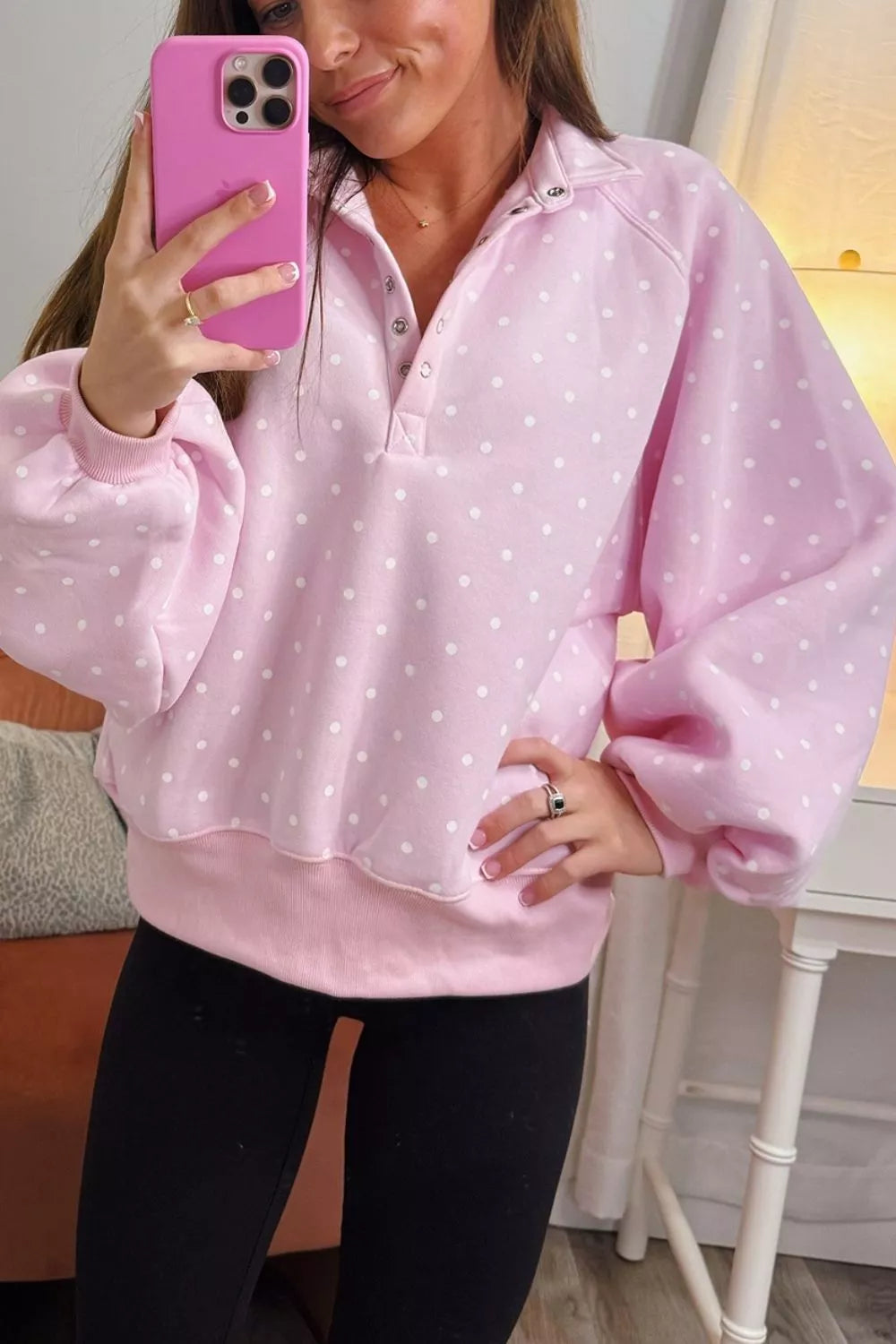 Trendsi Polka Dot Print Metal Button Collar Casual Pullover Sweatshirt - Shirts