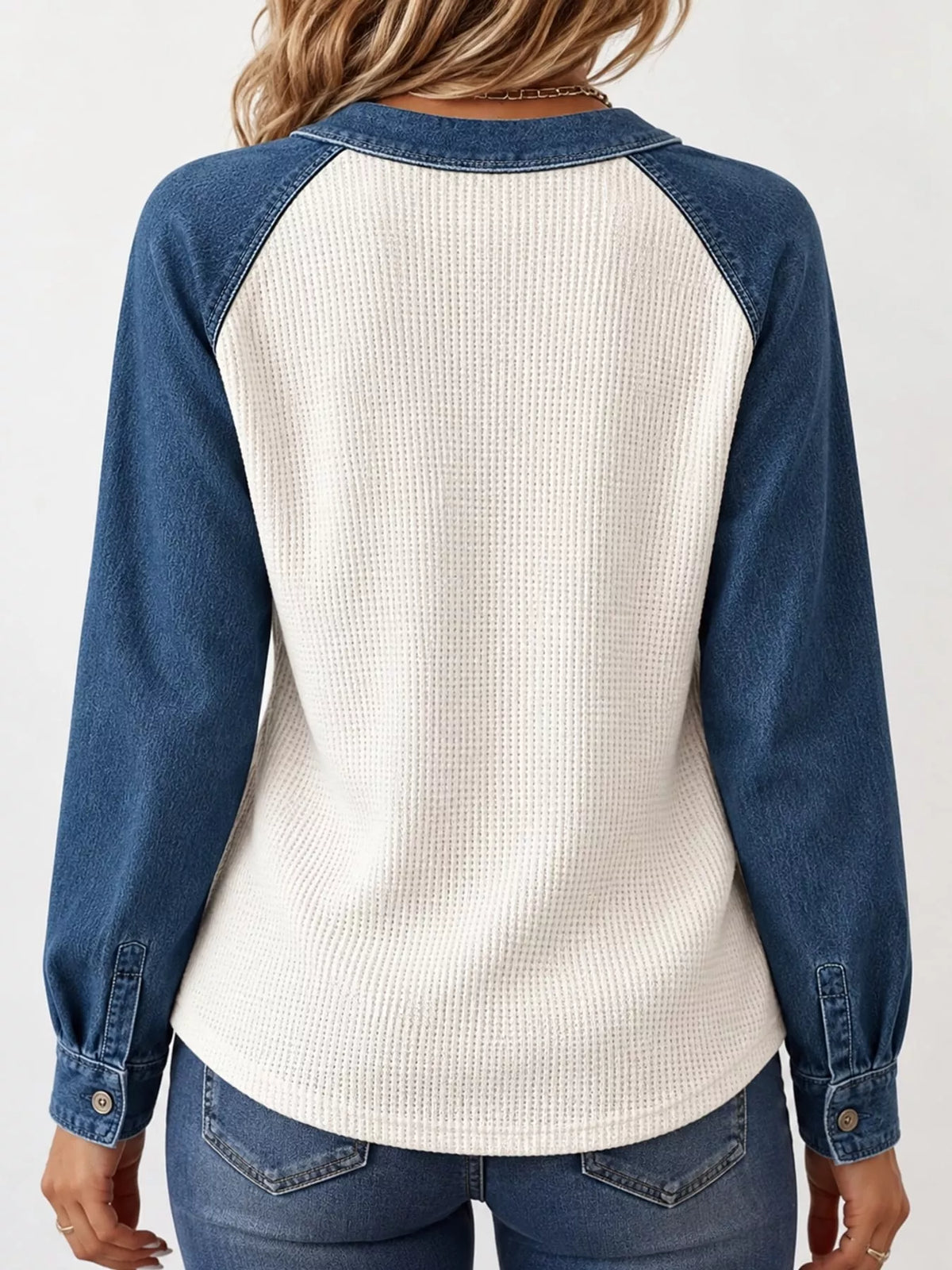 Waffle and denim blouse, blue and white back