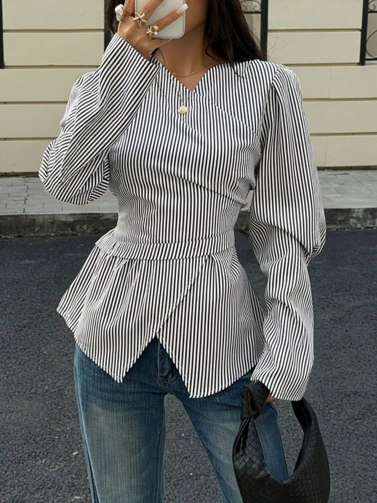 V-neck long sleeve blouse, front view on model