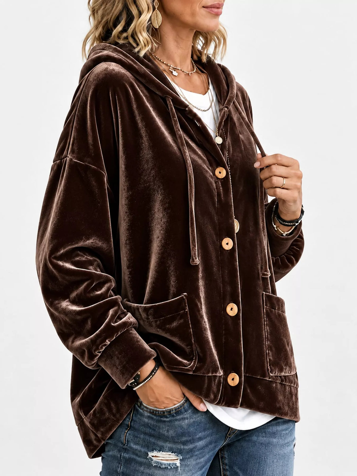 Brown velvet dropped shoulder hoodie, side view