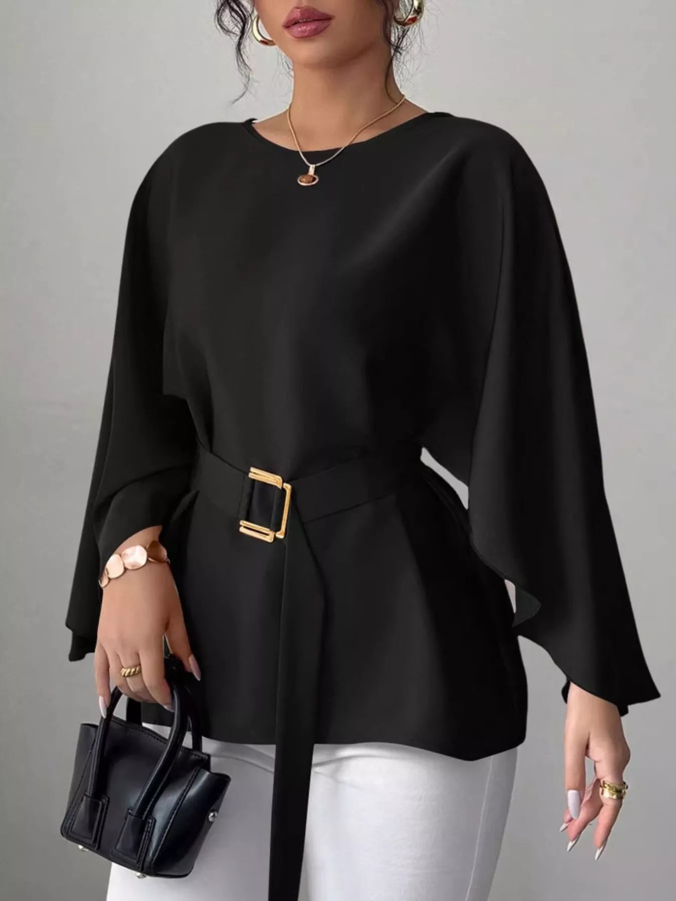 Round-neck belt batwing-sleeve blouse