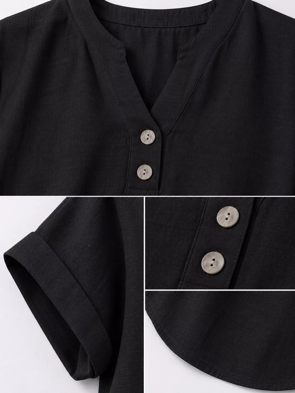 Black button detail short sleeve blouse, detail view