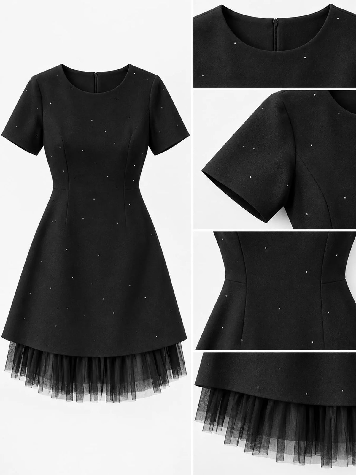 Black rhinestone a line mini dress with tulle hem, detail view