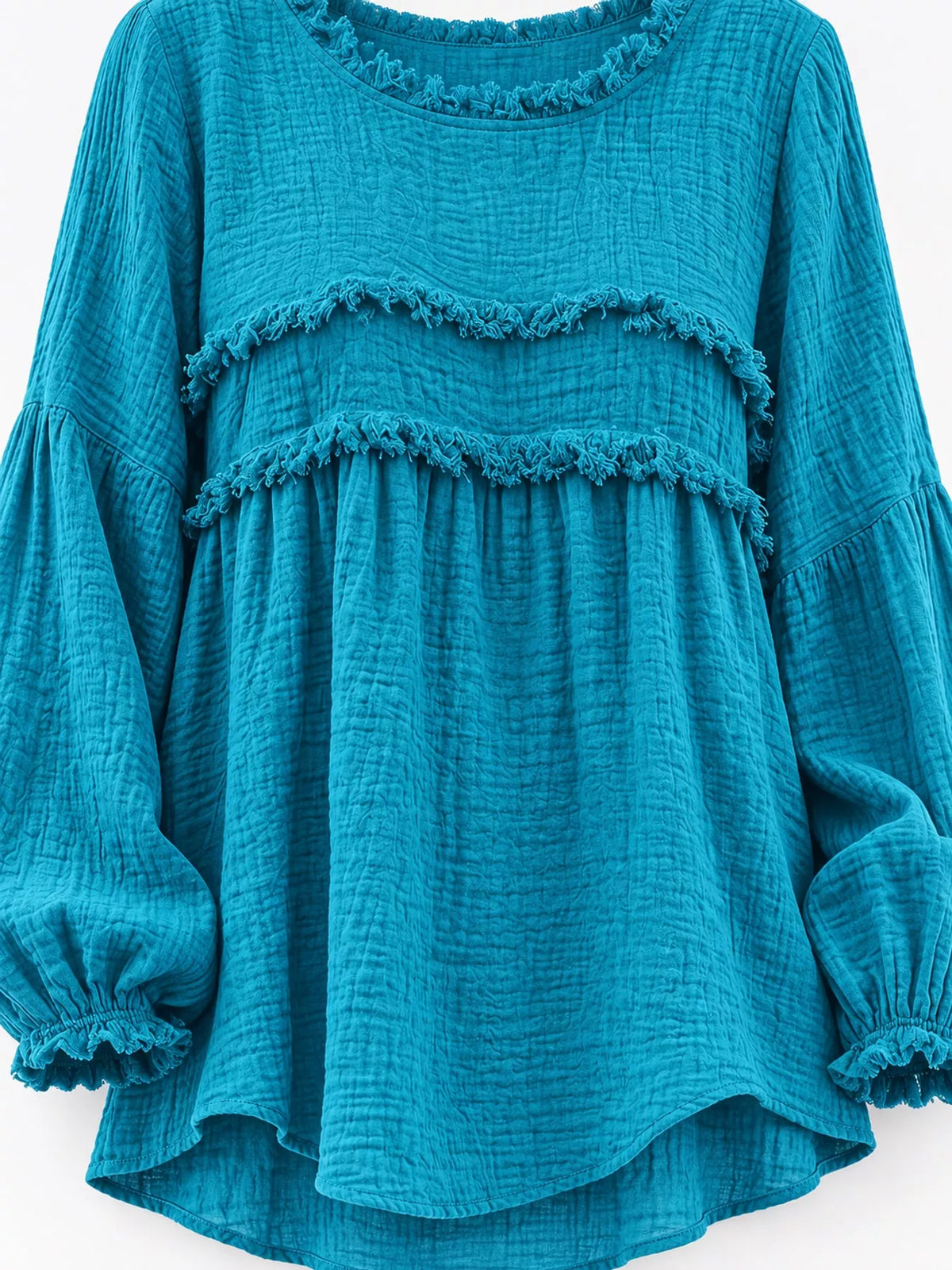 Teal textured frayed-trim peplum blouse, front detail