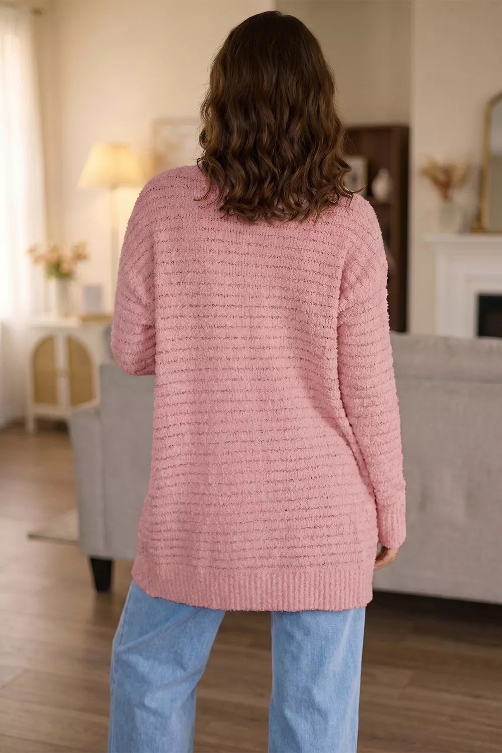 Trendsi Open Front Soft Fuzzy Ribbed Sweater Cardigan -