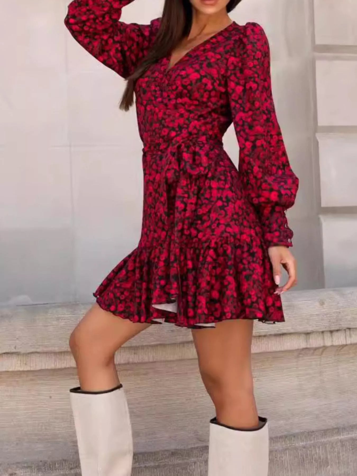 Trendsi Printed Surplice Long Sleeve Wrap Mini Dress -