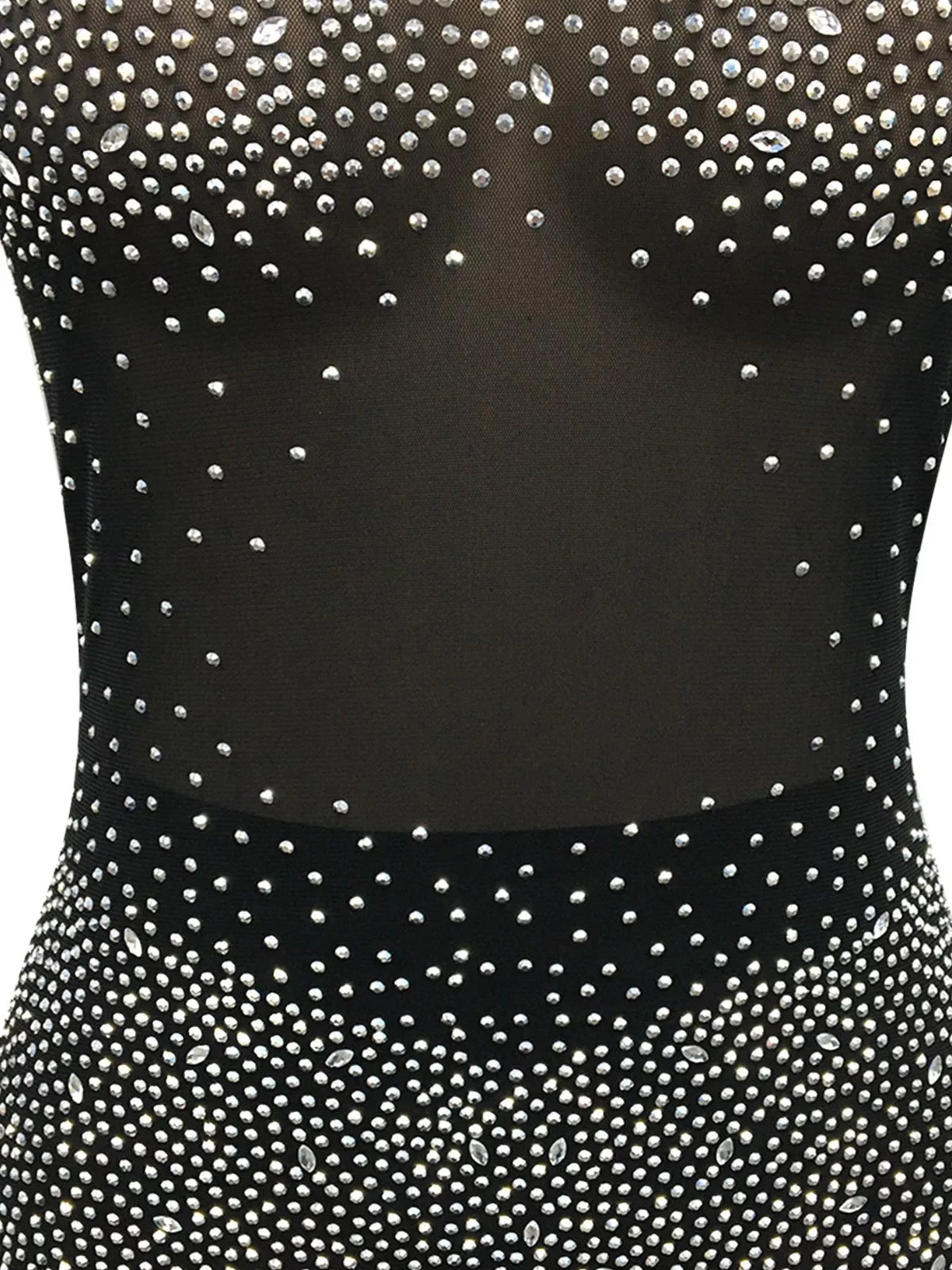 Sheer Rhinestone Embellished Long Sleeve Romper, detail view in black