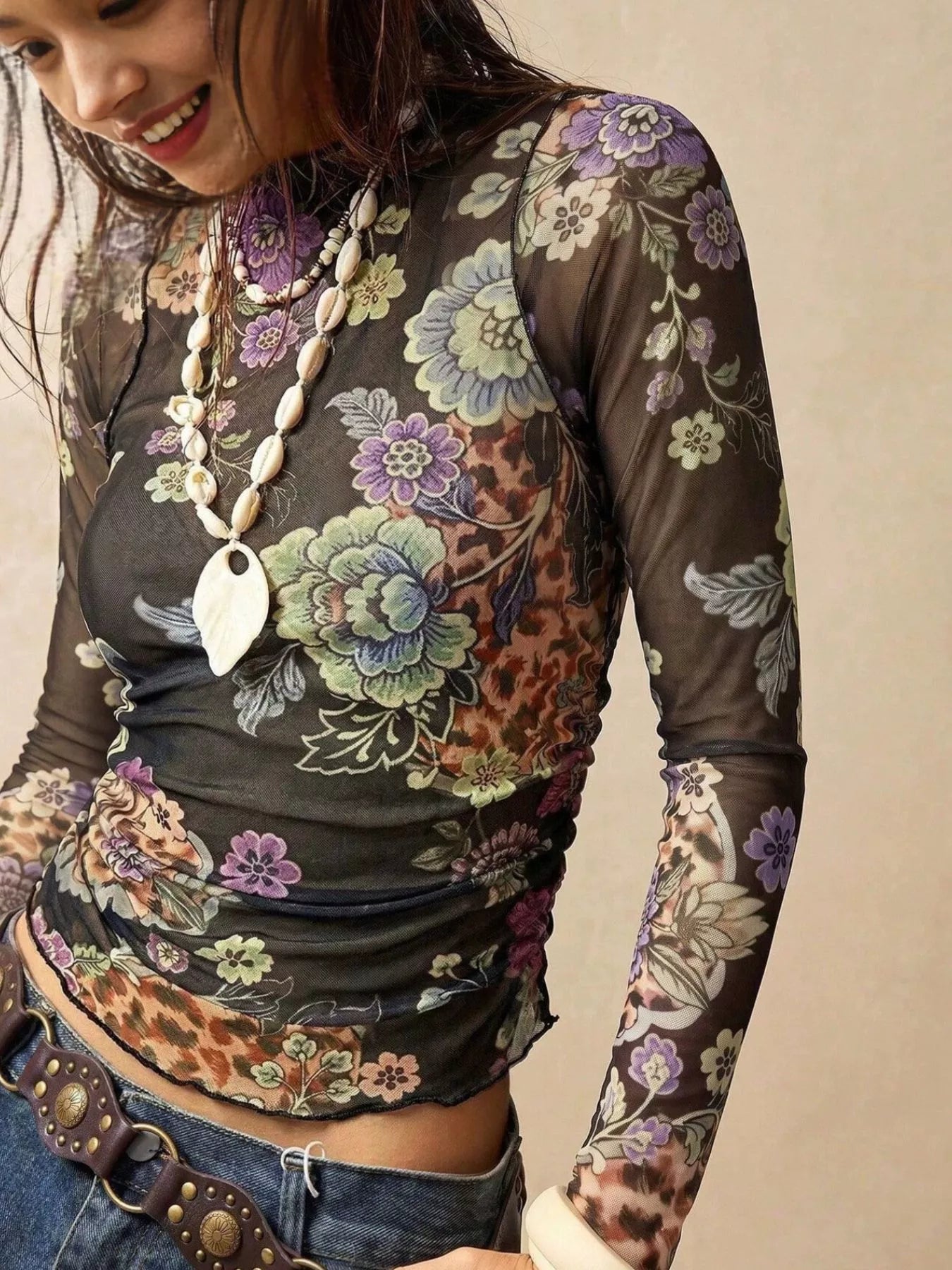 Trendsi Floral Mesh Long Sleeve Top -