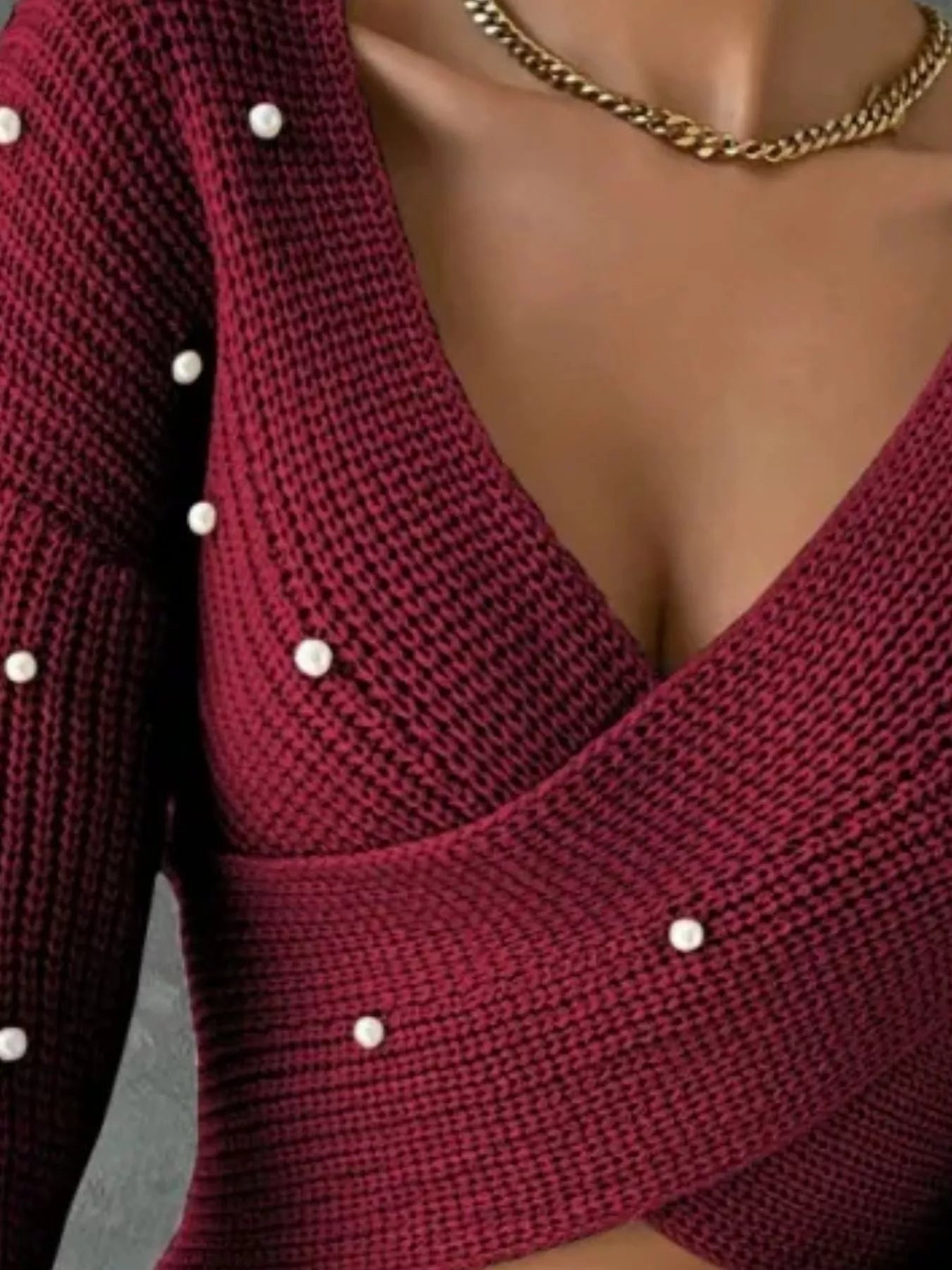 Trendsi Pearl Detail Crisscross Front Sweater -