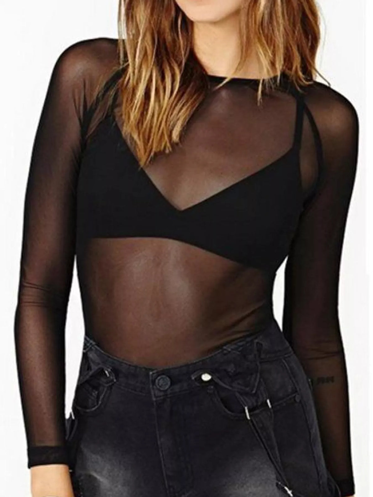 Black sheer mesh long sleeve top, front view