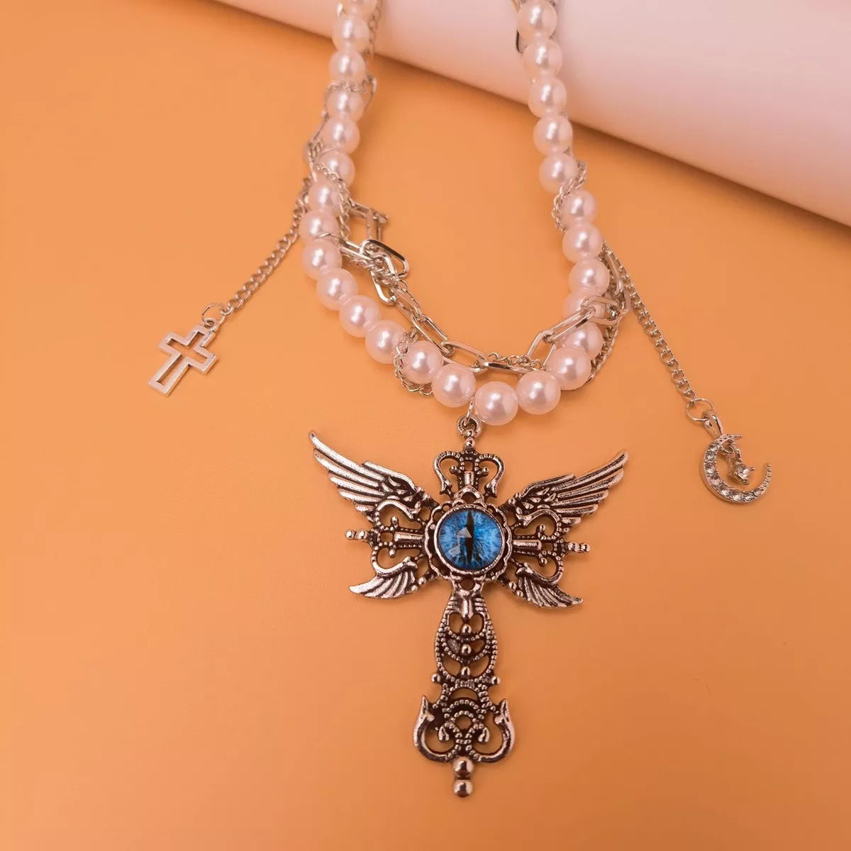 Trendsi Gothic Pearl Double Layered Necklace with Wing Pendant -