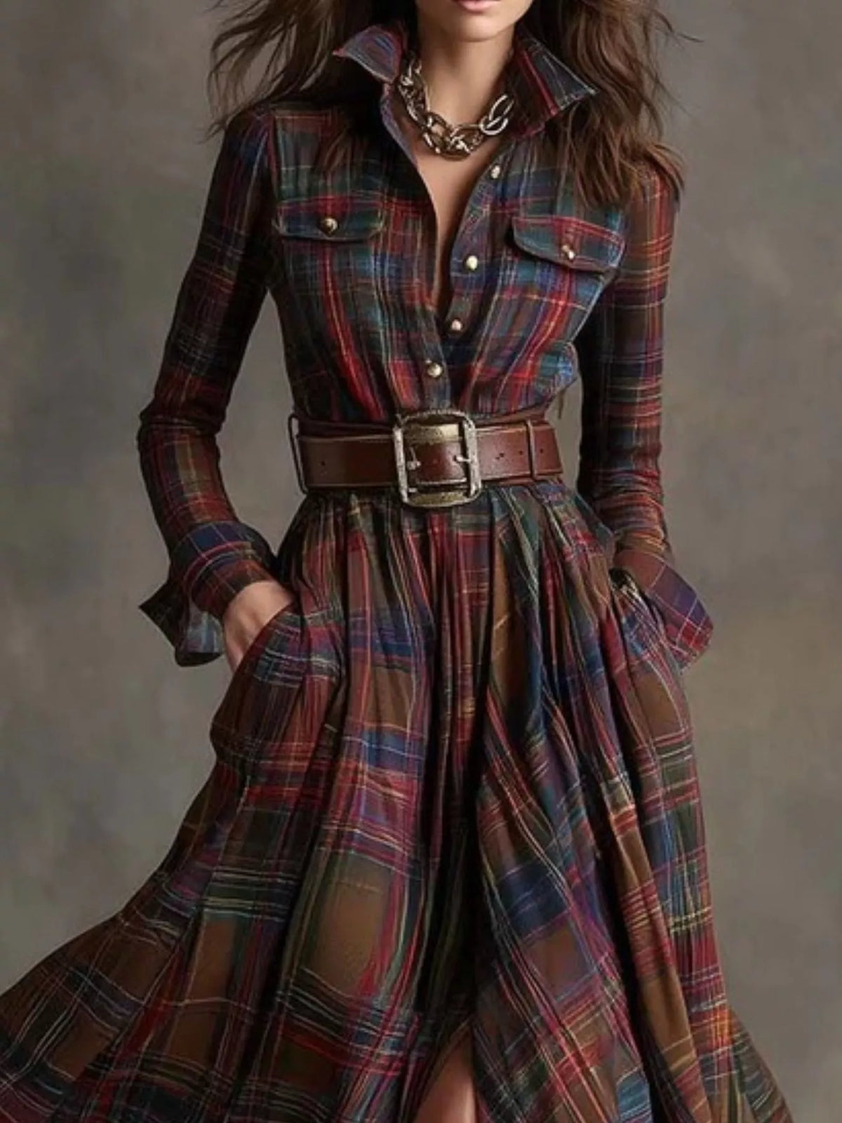 Vintage Plaid Button-Down Maxi Shirt Dress, detail view in red and brown