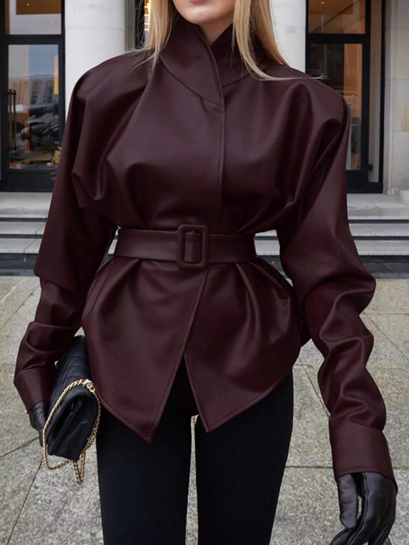 Trendsi Stand Collar Belted Faux Leather Jacket -