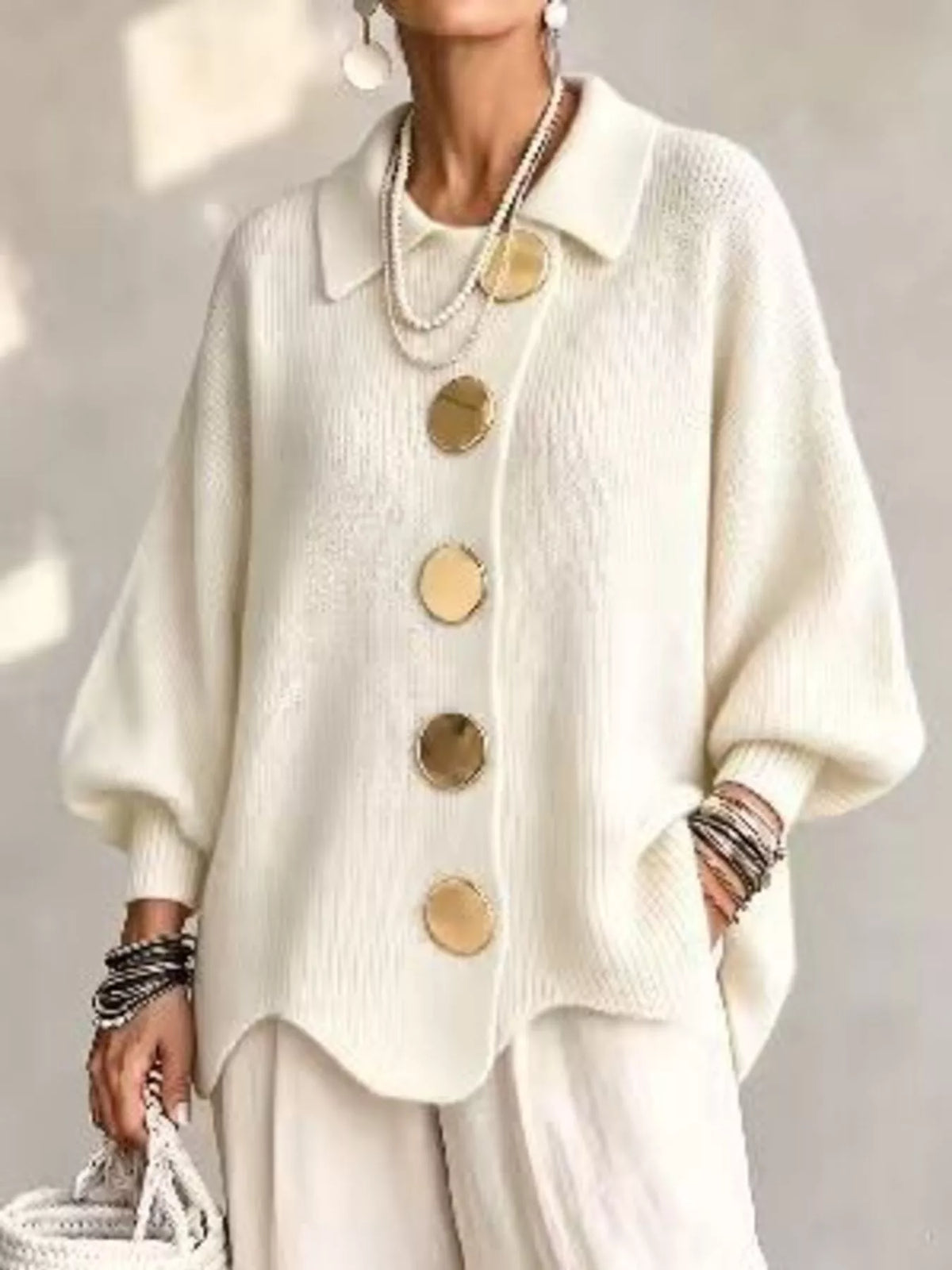 Trendsi Full Size Gold Buttons Lantern Sleeve Cardigan Plus Size -