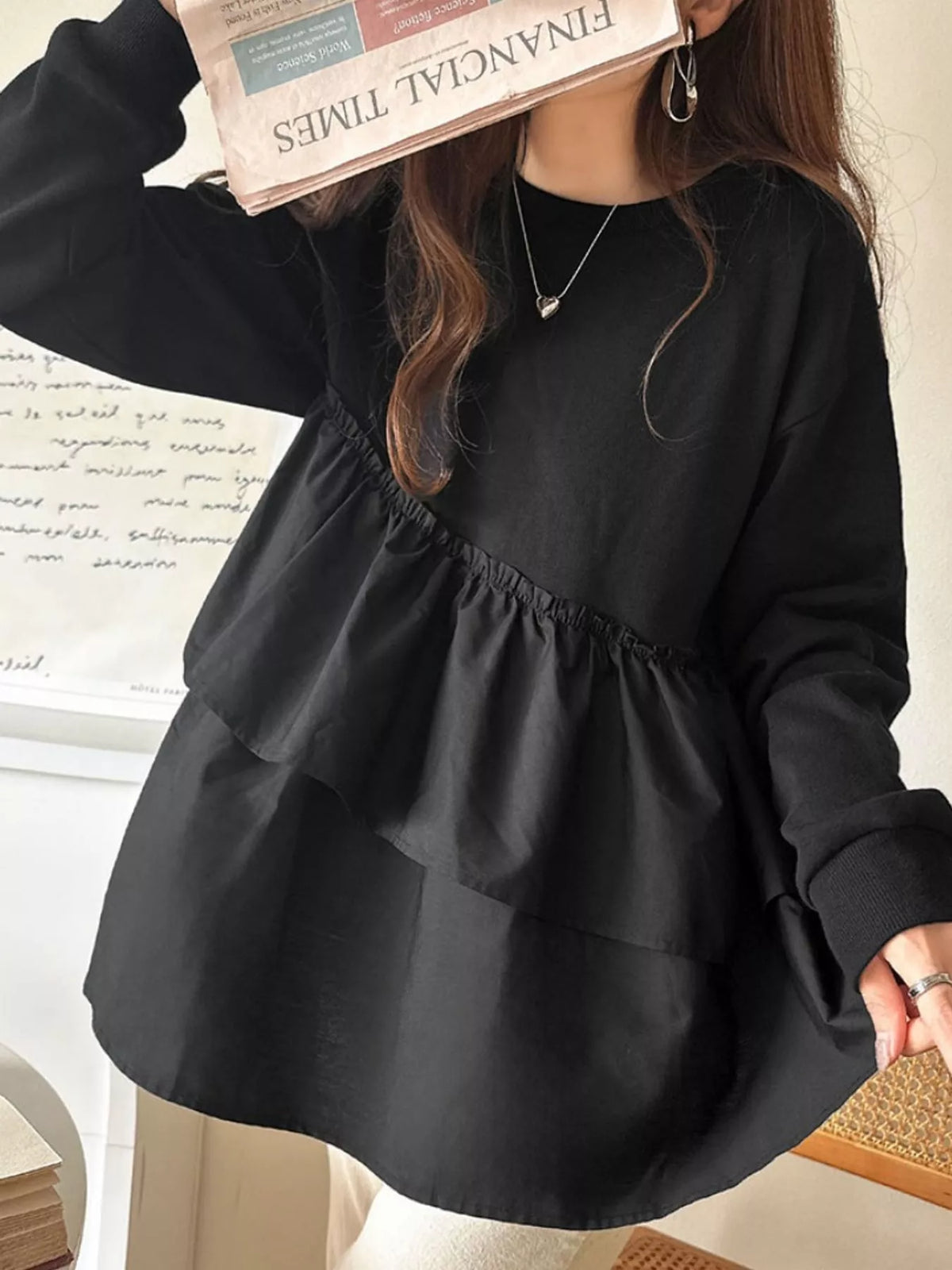 Black and white color-block ruffled hem top