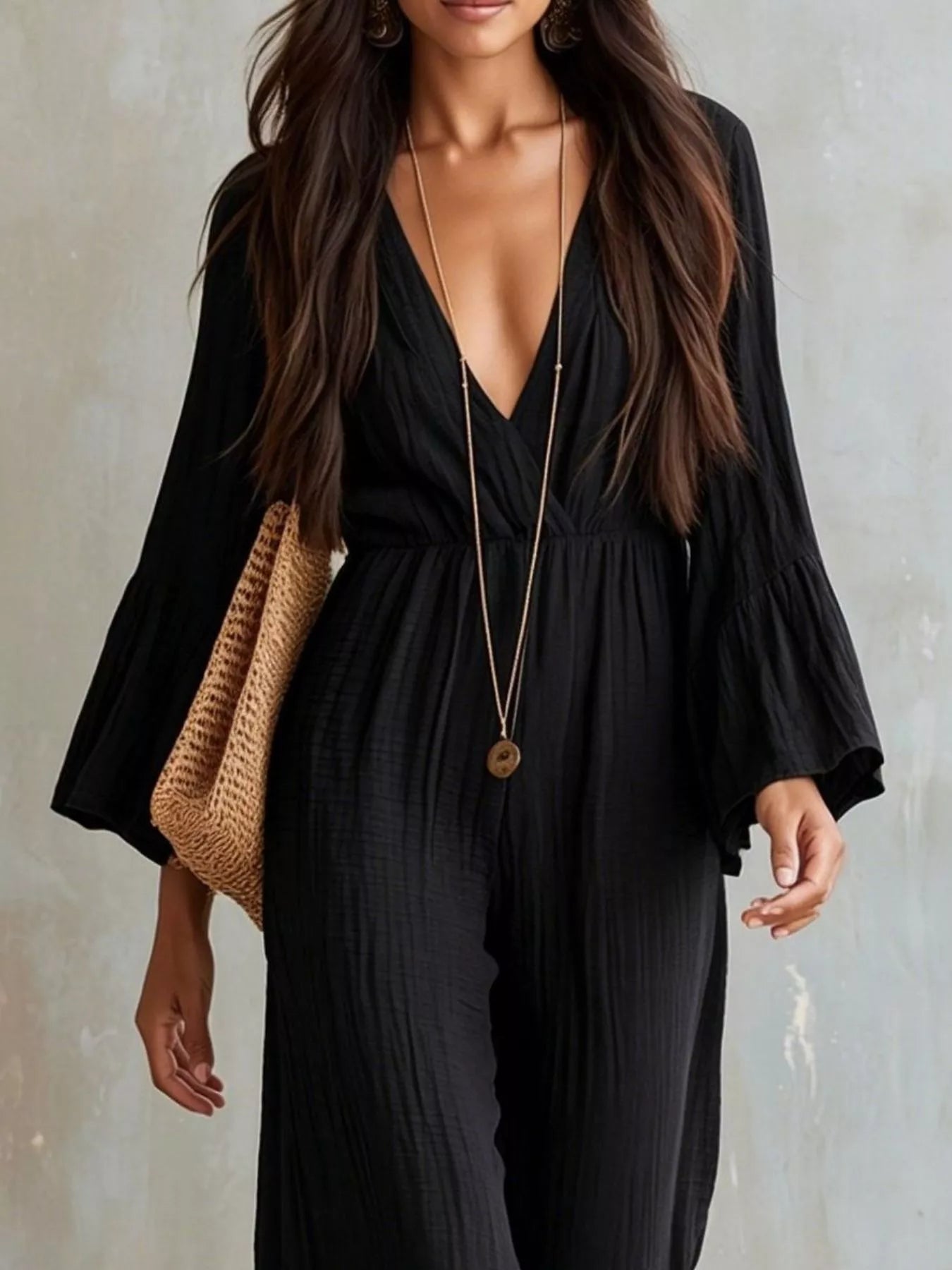 Trendsi Textured Flare Sleeve Jumpsuit -