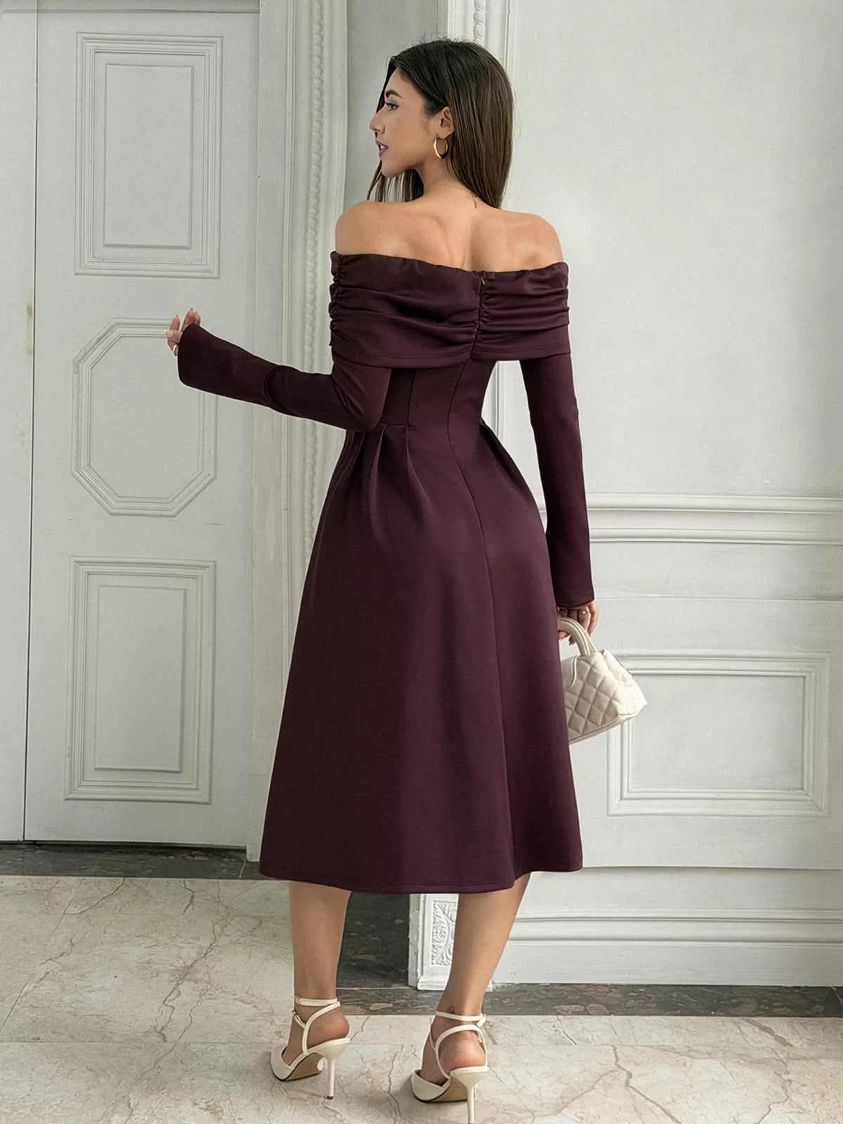 Coffee off-shoulder long sleeve midi dress, back view