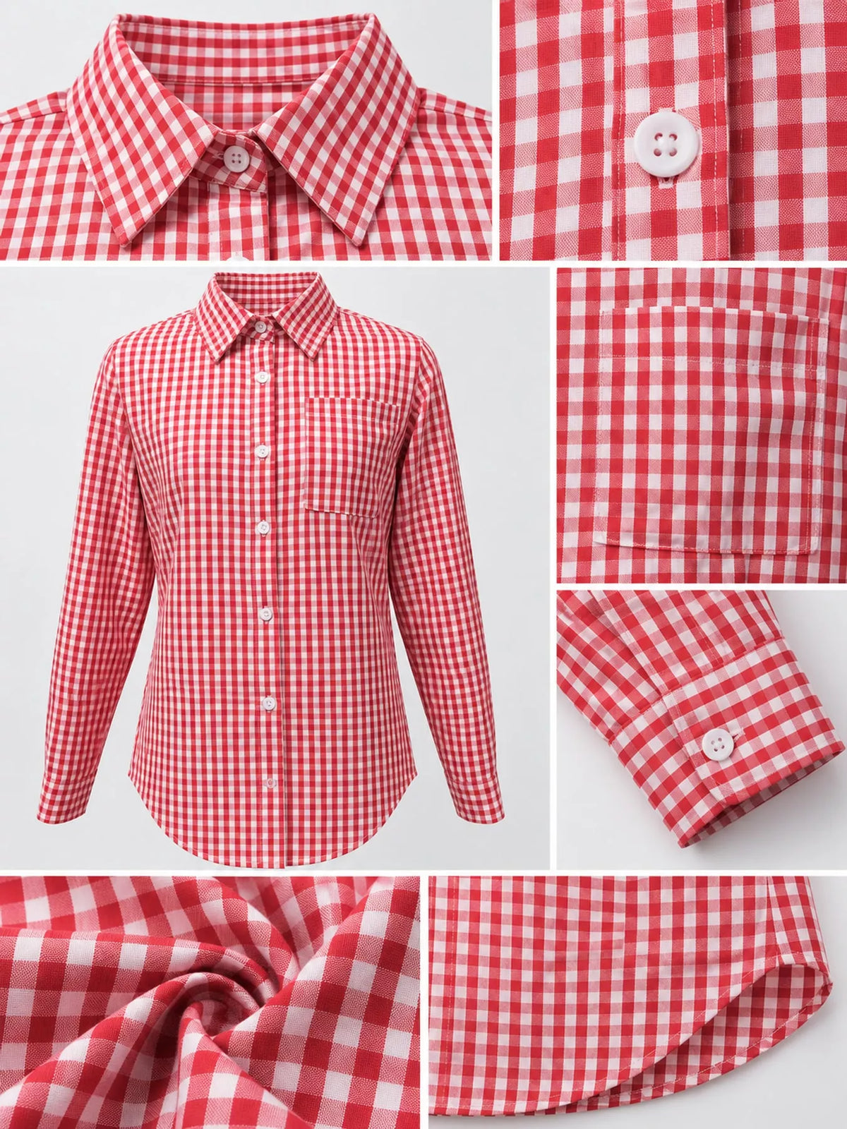 Red and white plaid button-down shirt, collar, buttons, chest pocket, cuff, and curved hem close-ups