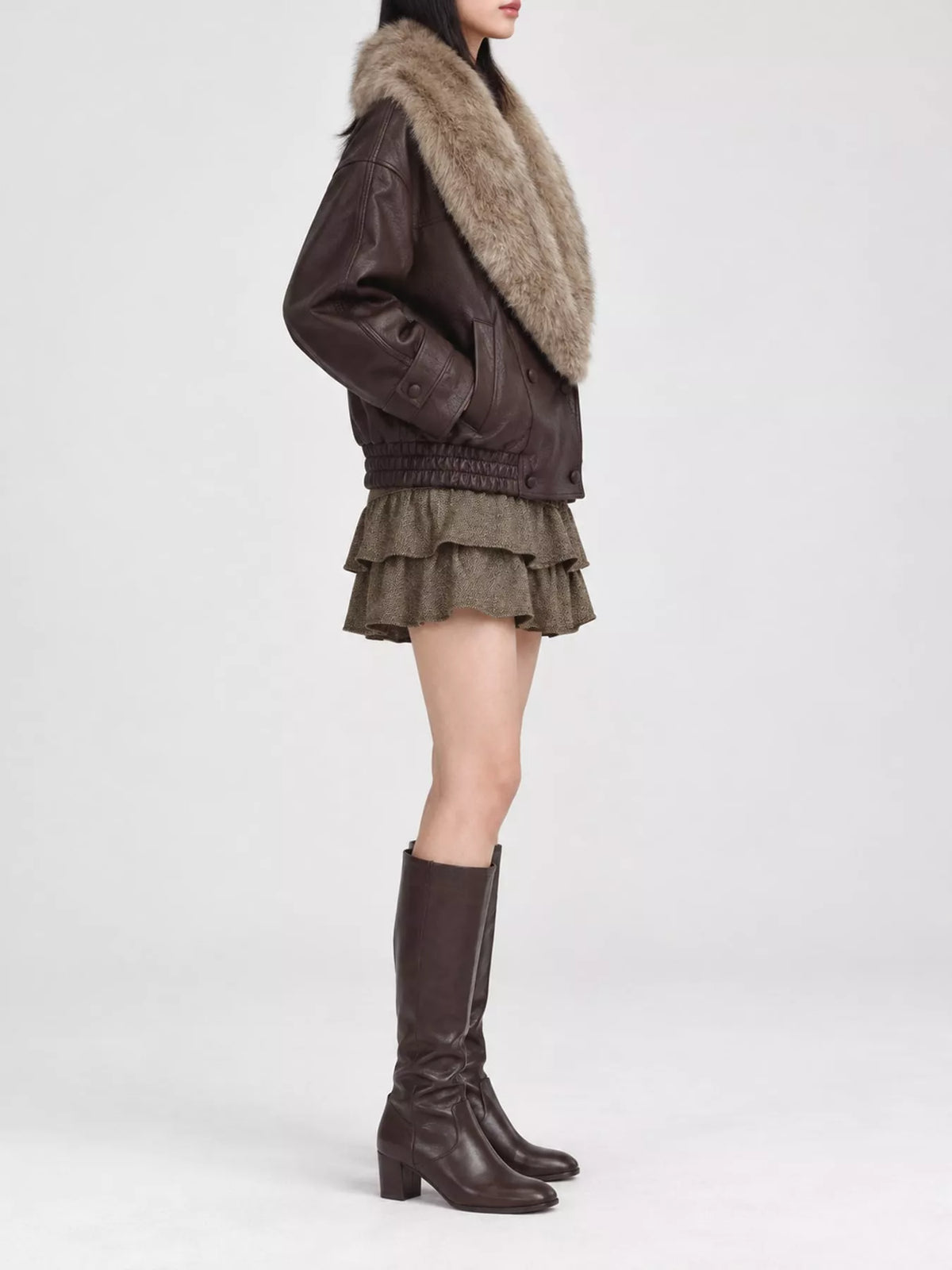 Faux Fur Collar Faux Leather Bomber Jacket in coffee, side view