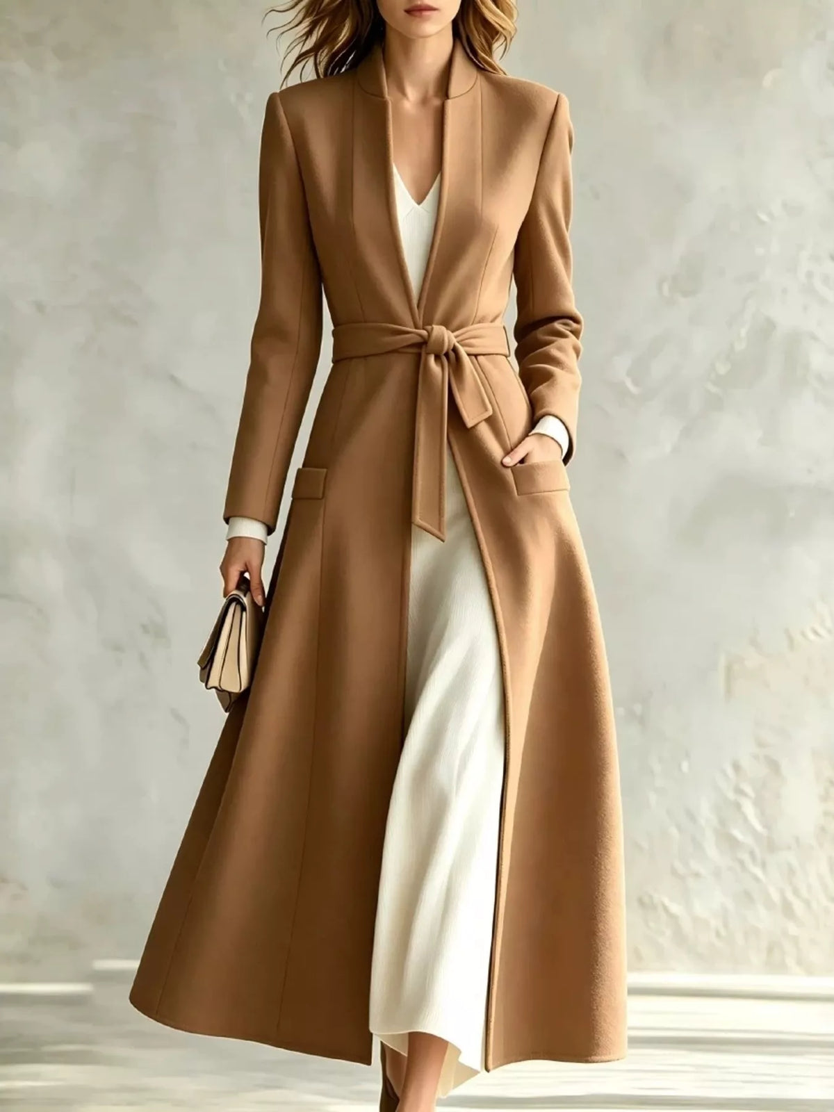 Tan tie waist long sleeve coat — front view