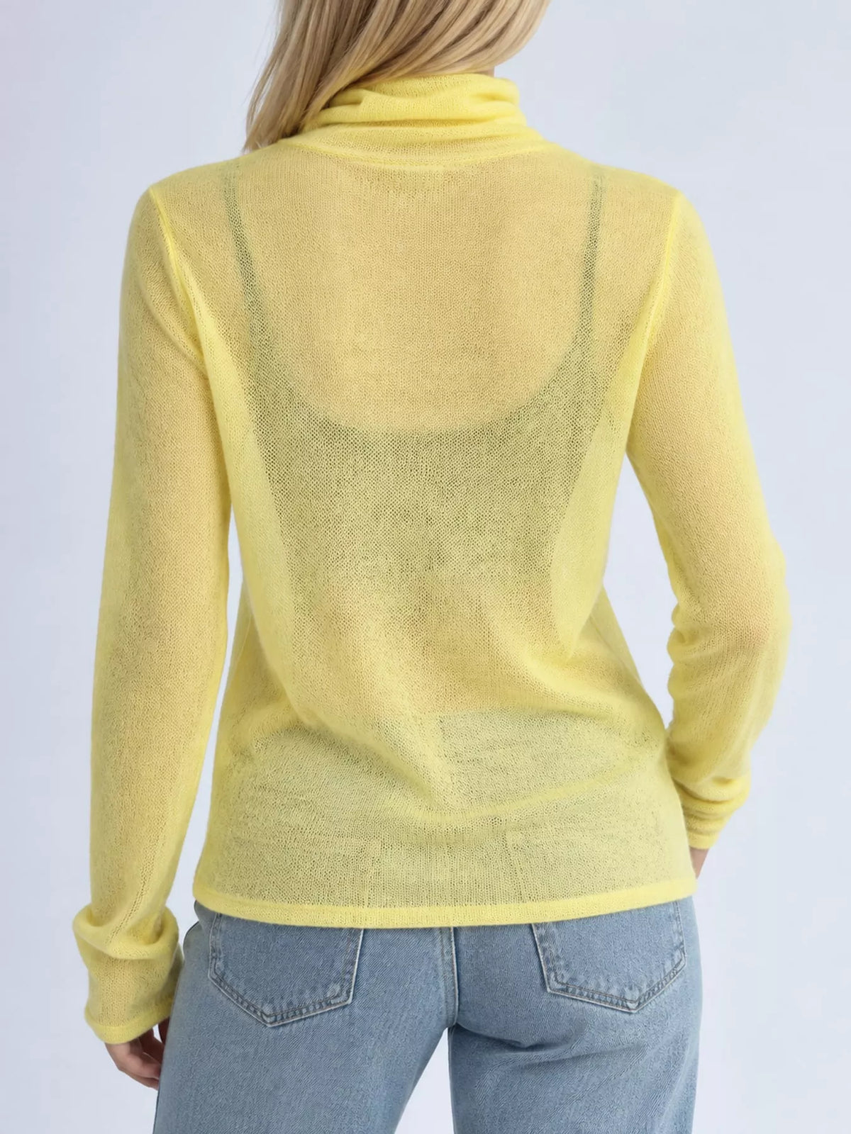 Women's Sheer Turtleneck Knit Top in yellow — back view