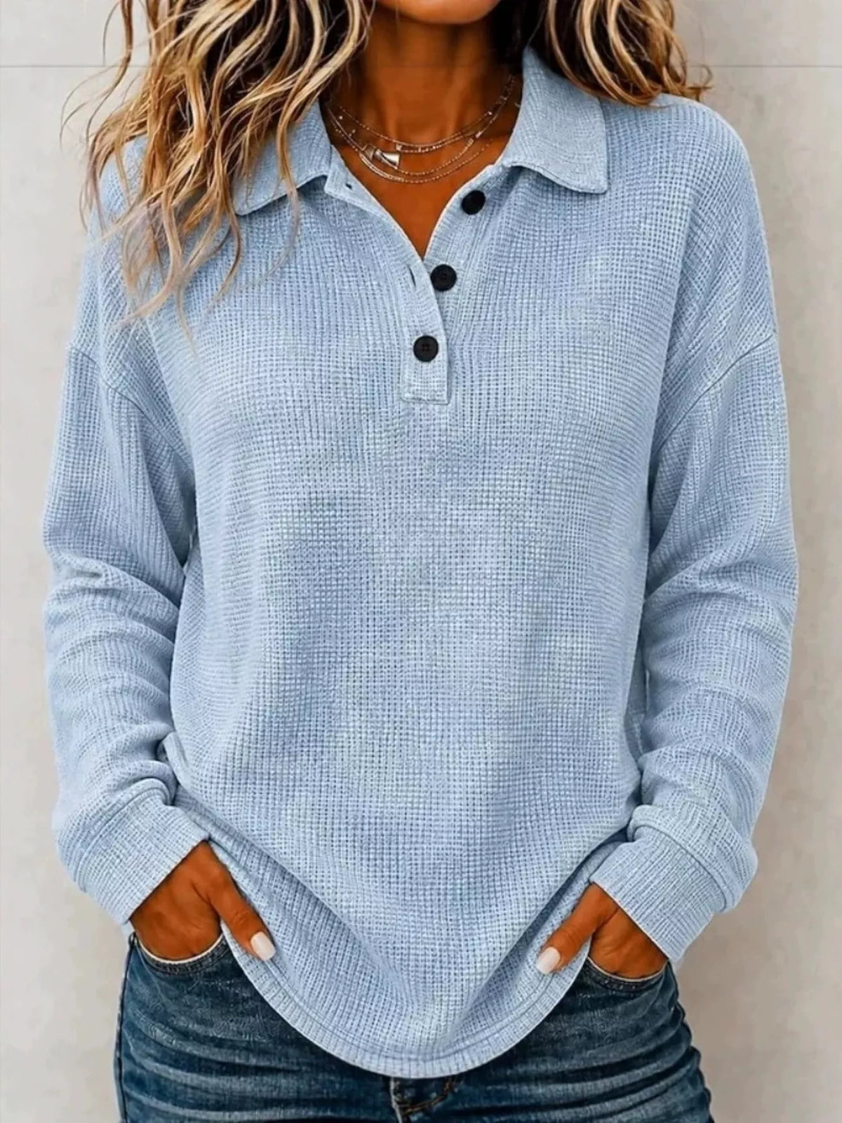 Trendsi Full Size Waffle Knit Dropped Shoulder Polo Top Plus Size -
