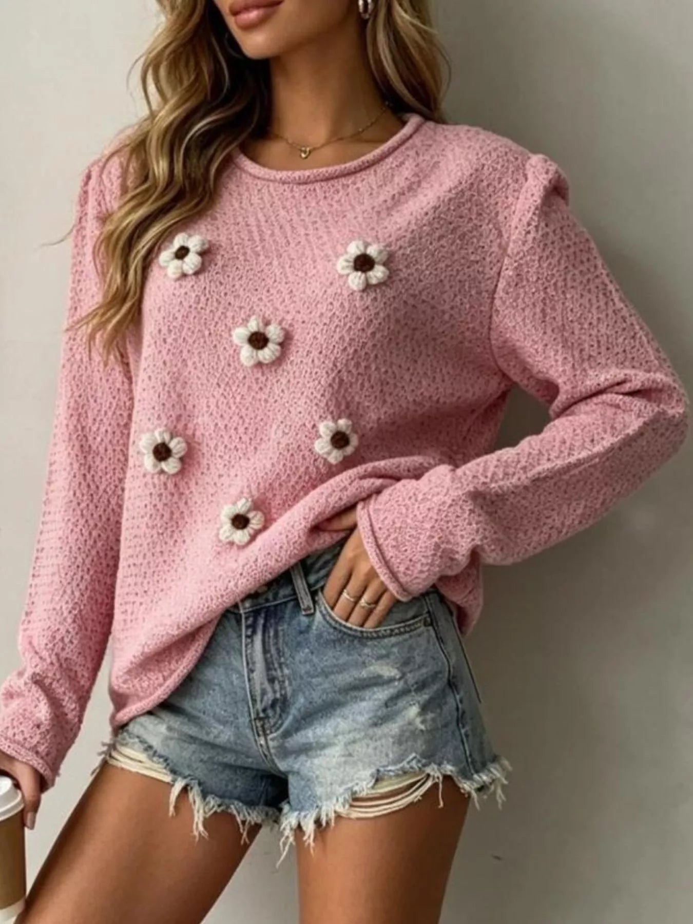 Trendsi Full Size Floral Applique Textured Knit Sweater Plus Size -