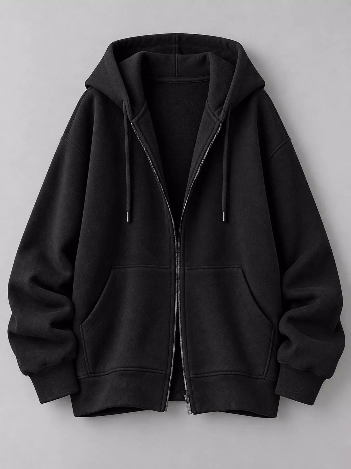 Zip-up hoodie, black flat lay