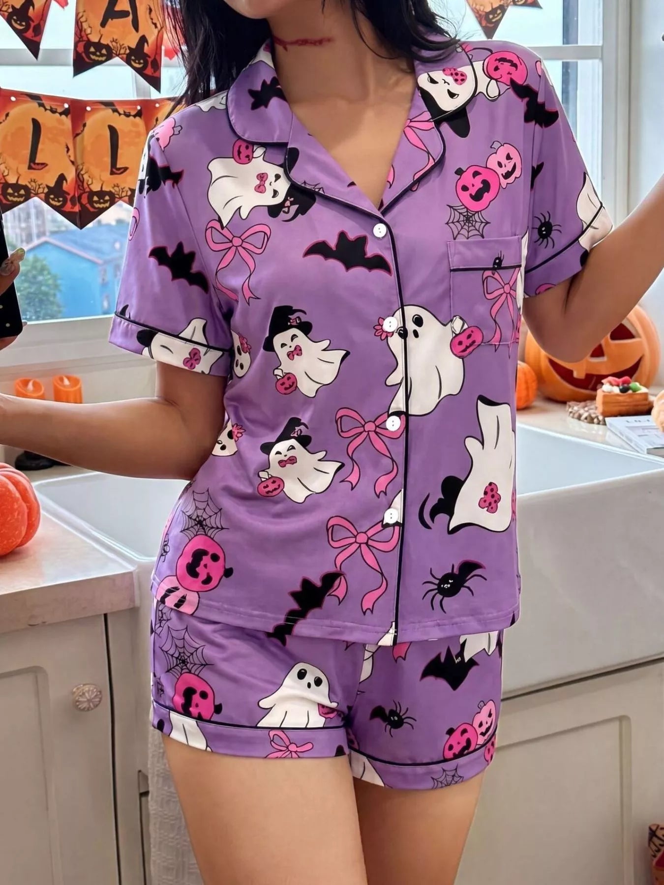 Trendsi Halloween Ghost Print Button-Down Top and Shorts Lounge Set -