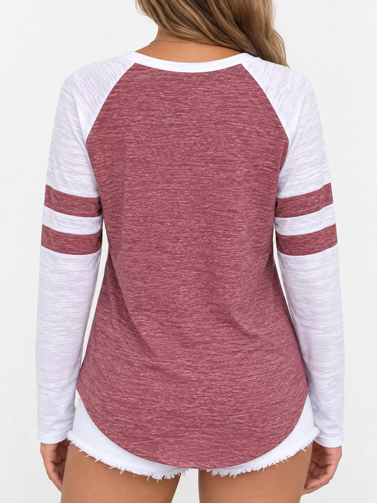 Burgundy color-block raglan sleeve striped t-shirt, back view