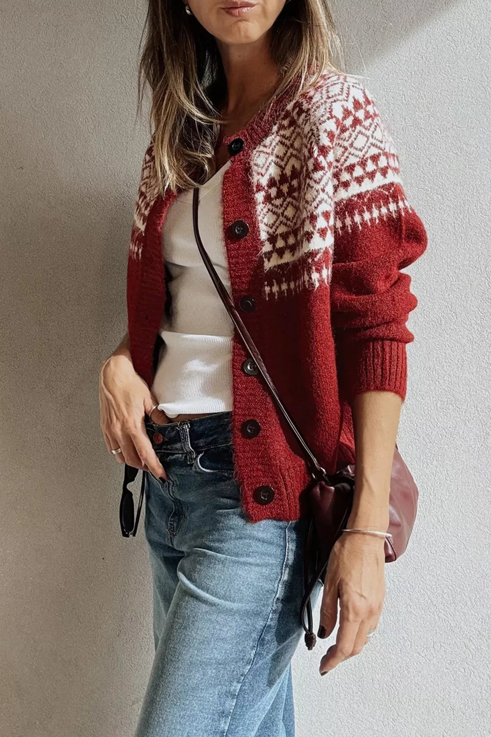 Geometric-print button-front long sleeve cardigan
