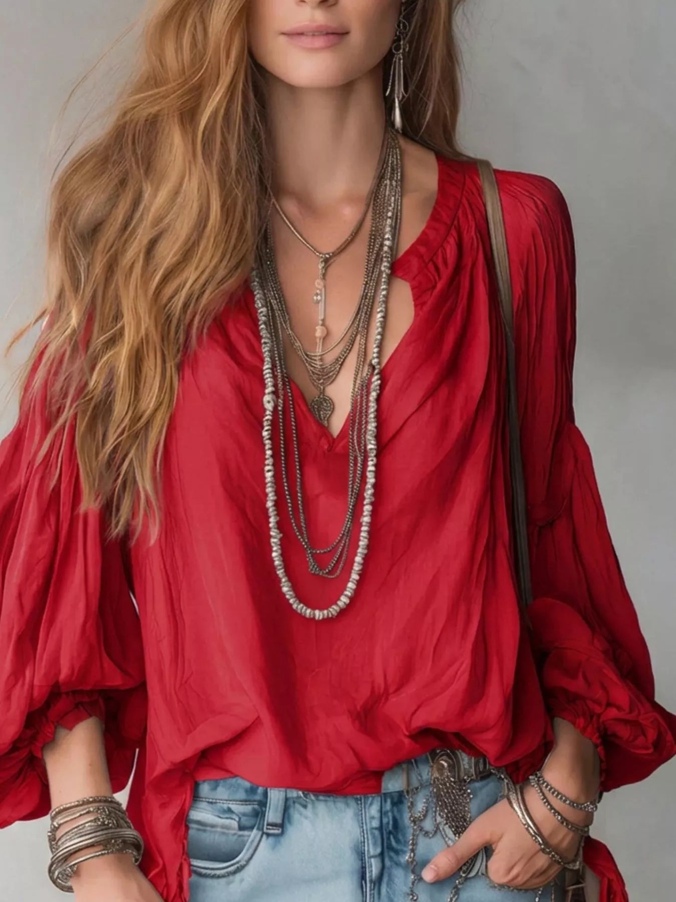 Trendsi Notched Balloon Sleeve Blouse -
