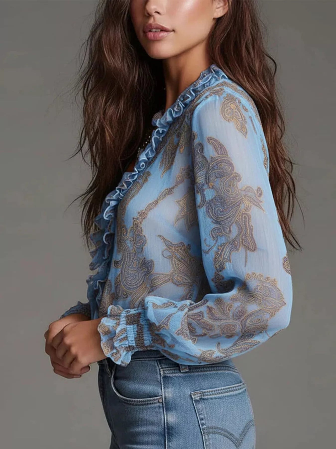 Trendsi Full Size Paisley Print Ruffle Trim Zip-Front Blouse Plus Size -