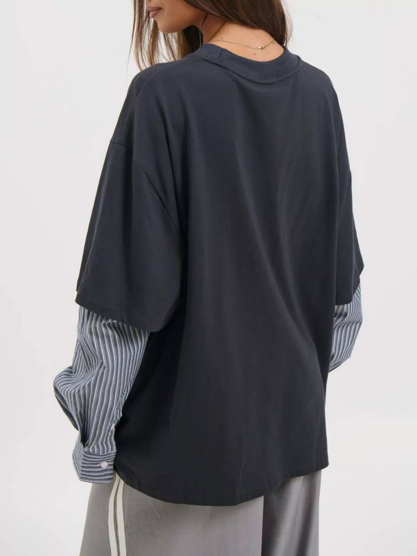 Trendsi Oversized Layered-Look T-Shirt with Striped Sleeves -