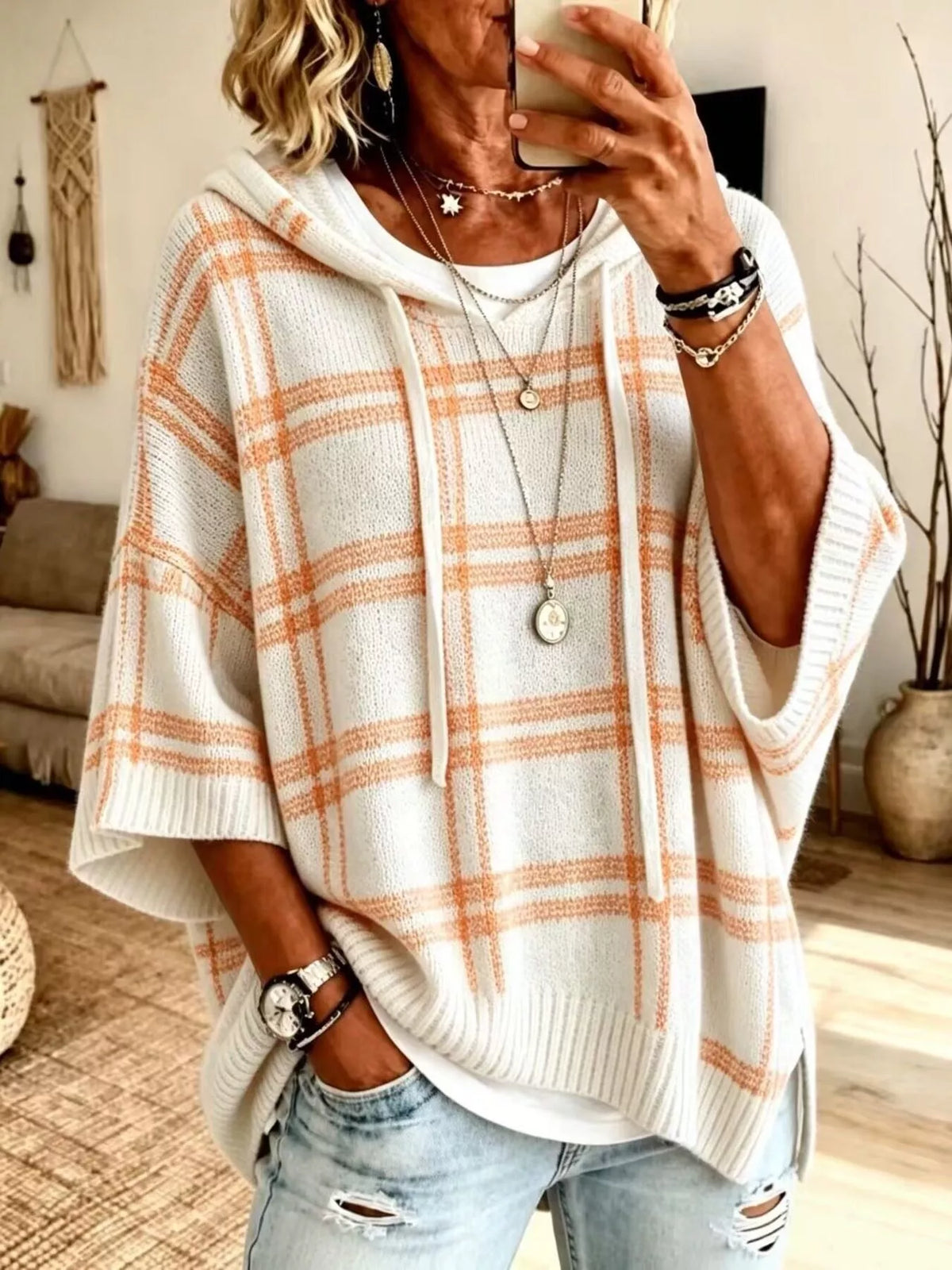 White plaid hooded sweater, front view