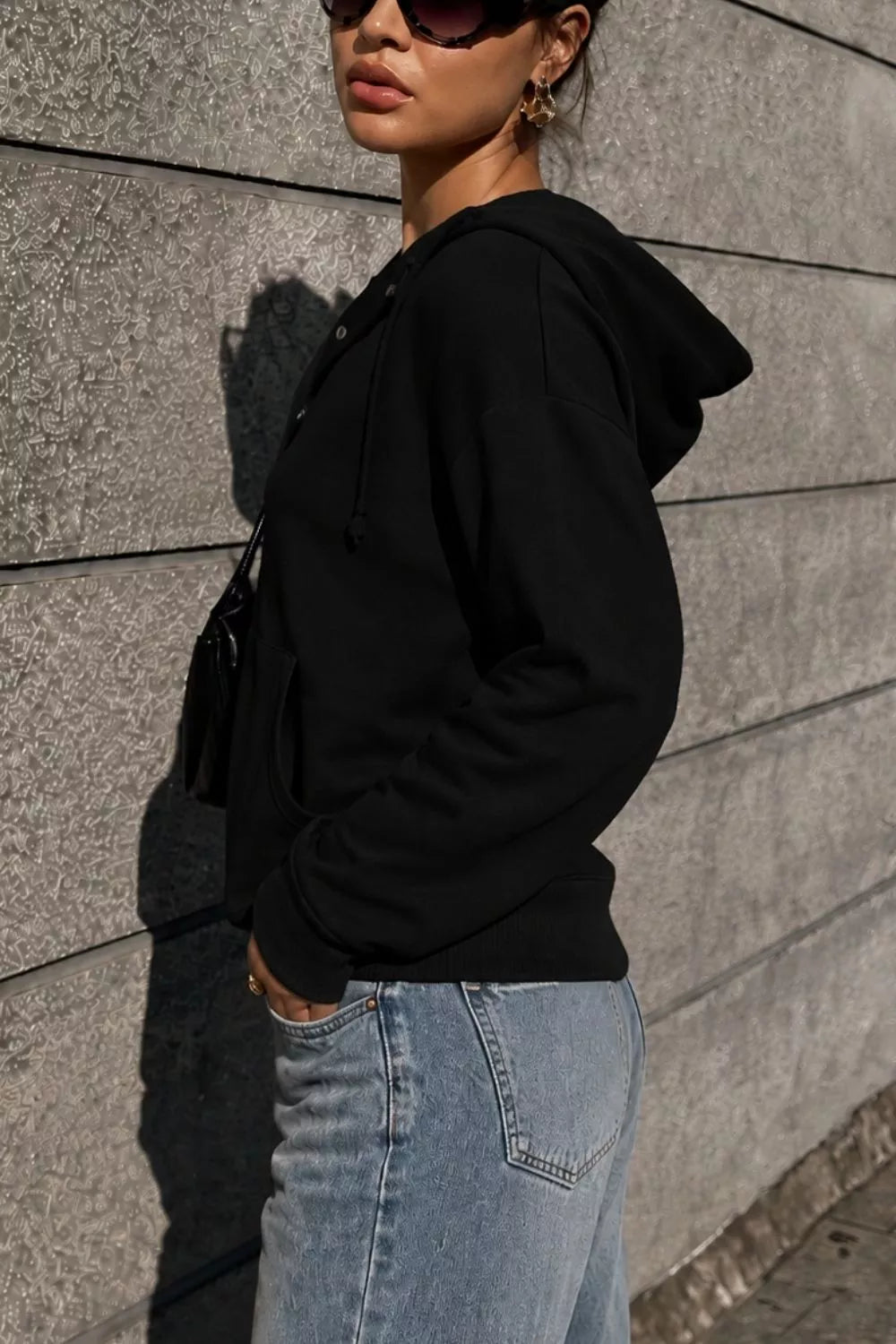 Women's Half Snap Kangaroo Pocket Hoodie in Black, detail view