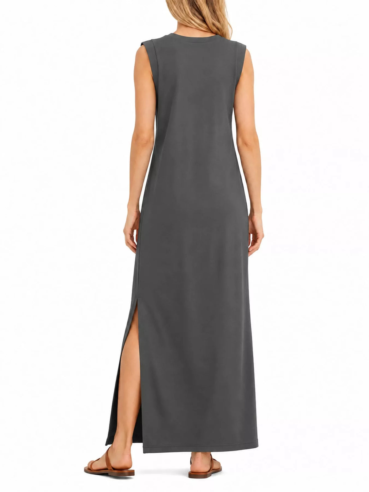 Round neck sleeveless maxi dress, back view