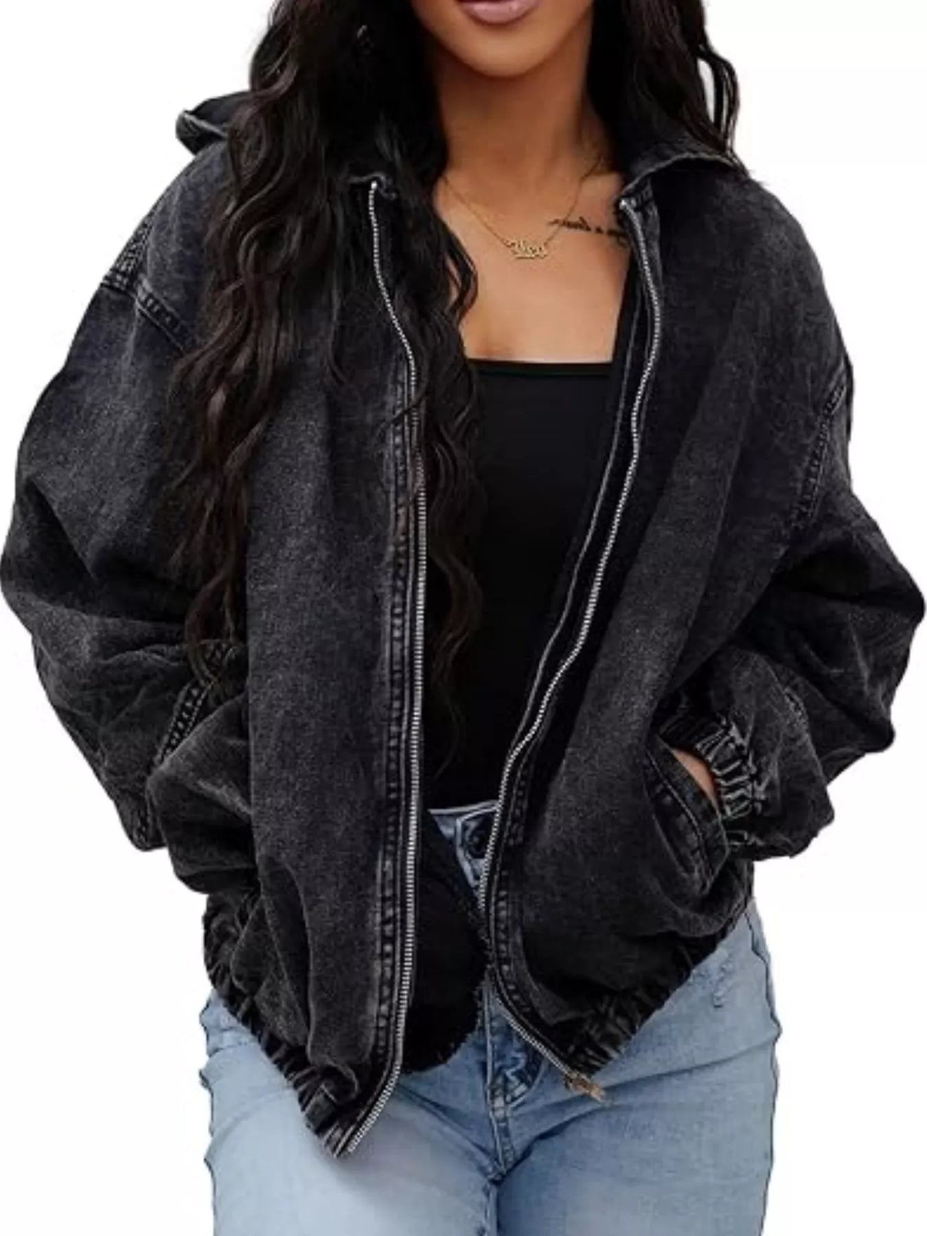 Trendsi Vintage Washed Zip Up Hooded Denim Jacket -
