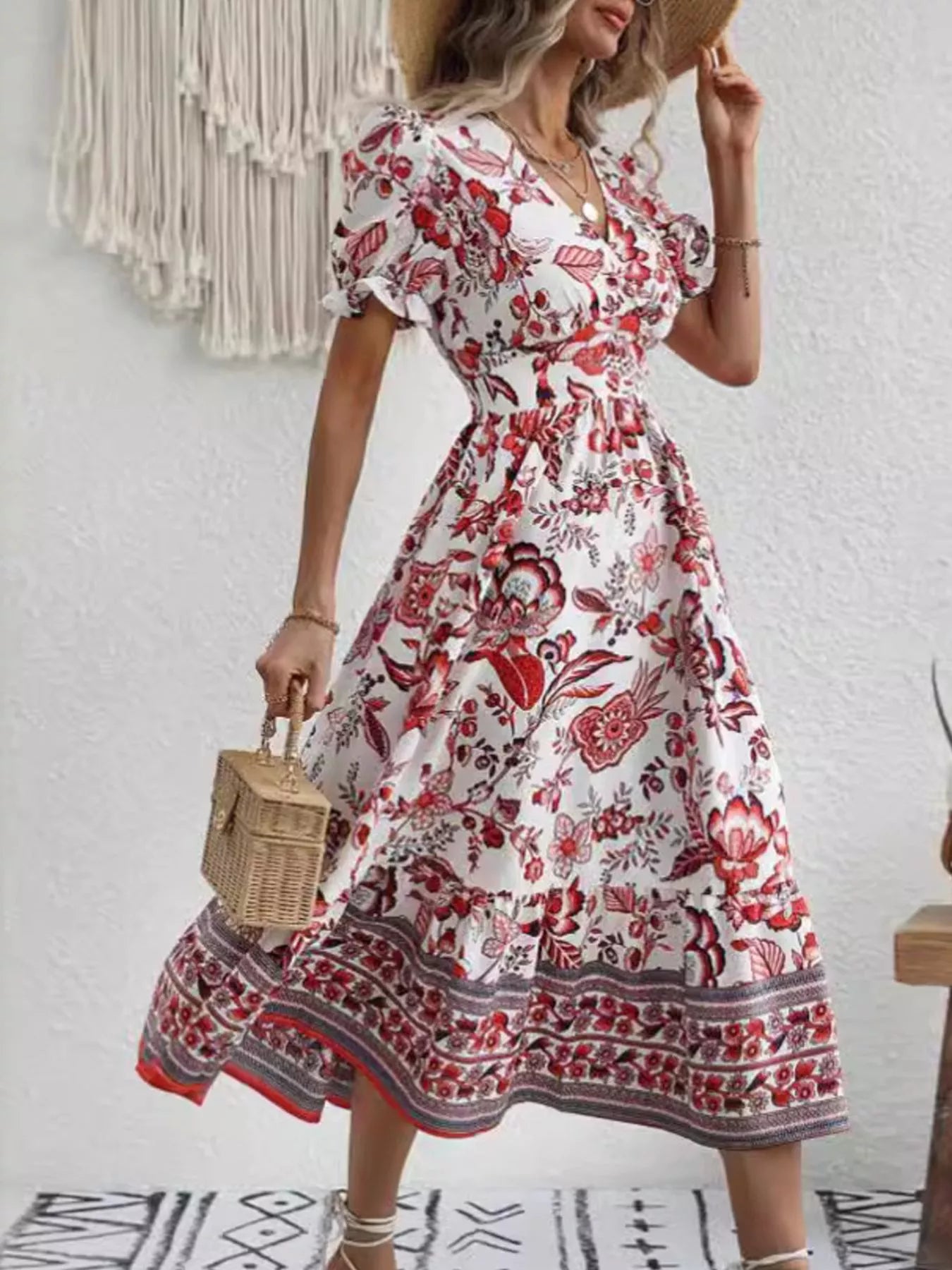 Trendsi Floral Print Puff Sleeve Wrap Midi Dress -