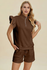 Trendsi Double Take Full Size Texture Flounce Sleeve Top and Shorts Set -