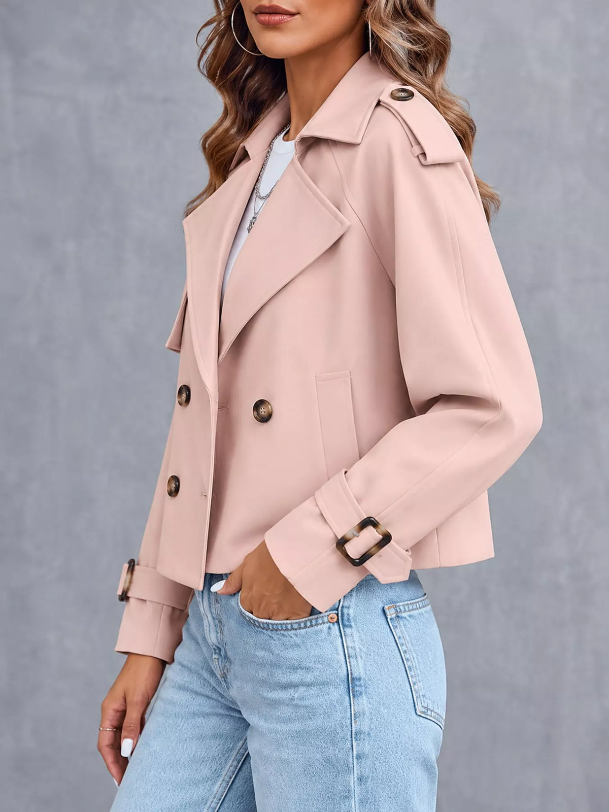 Women's Double-Breasted Cropped Trench Coat in pink — side view