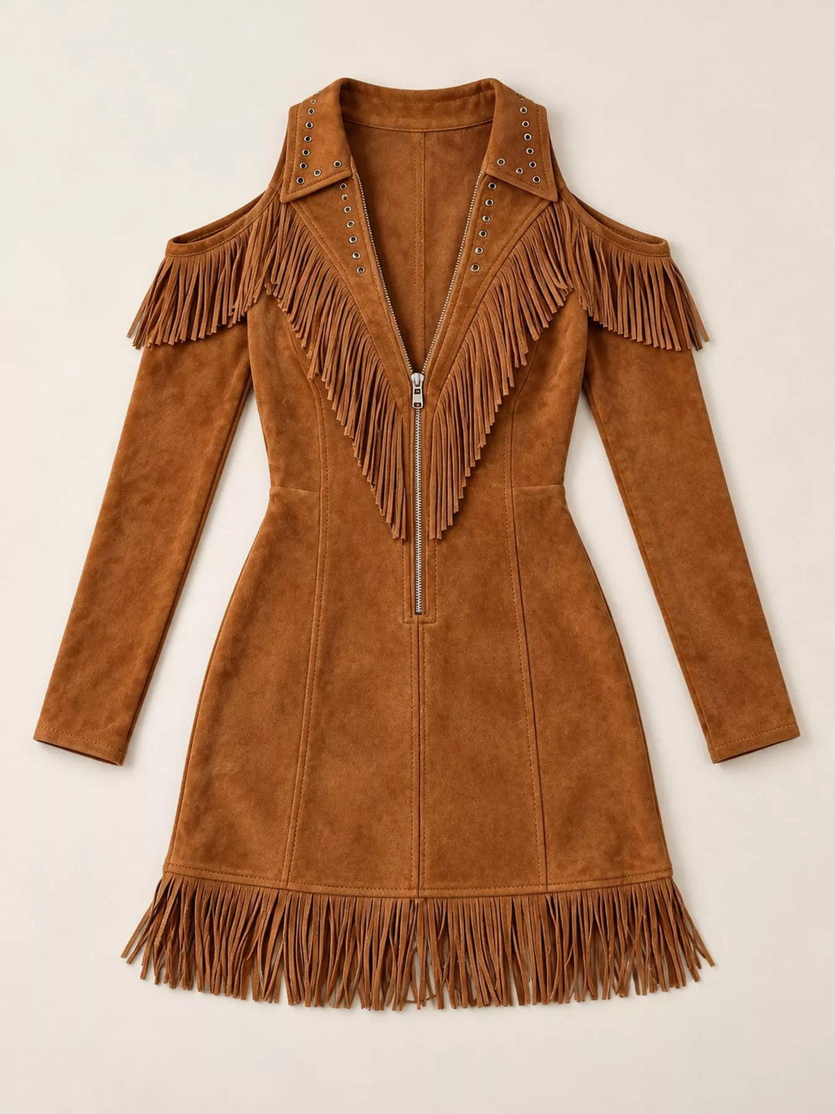 Fringed cold-shoulder dress, brown flat front
