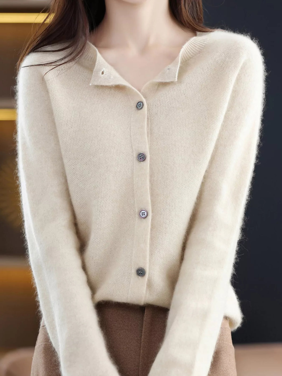 Ribbed cardigan, ivory angled front